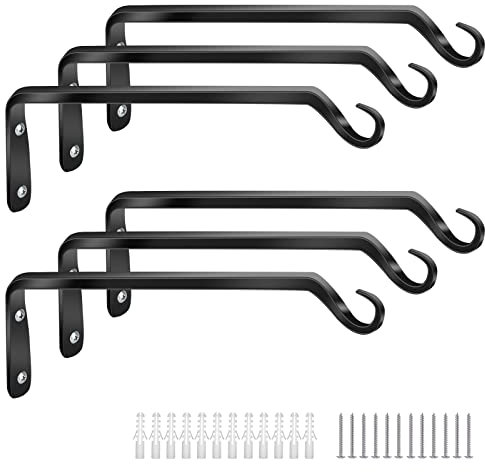 Worth Garden 6-Pack 10 Plant Hanger Bracket - Forged Wrought Iron Powder-Coated Heavy Duty Wall Hook - Black Plant Hanging Hooks - Durable and Stable for Bird Feeders, Planters Indoor & Outdoor