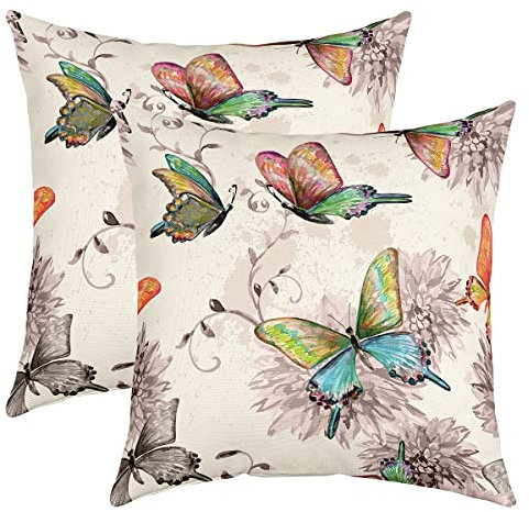 Schmetterling Wurf Kissenbezüge 40x40 - Aquarell Blume Vintage Grunge Floral Dekor für Frauen, Mädchen und Teenager - Satz von 2 bunte Quadratische Bezüge
