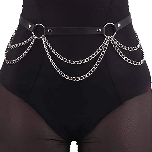 Crazy Bean Punk KettengüRtel Taille KöRperkette GüRtel Schwarz Leder Taillenkette GüRtel Verstellbare TaillengüRtel füR Rock Rave Damen MäDchen(B)
