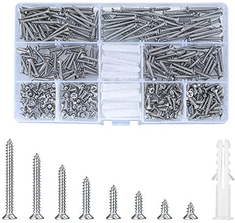 420 Stk Flachkopf selbstschneidende Schrauben, Kreuzschlitzschrauben Blechschrauben, Kreuzkopf Maschinenschrauben, Edelstahl Holzschrauben, enthalten 20 Wandanker, M3x(6/8/10/12/16/20/25/30) mm