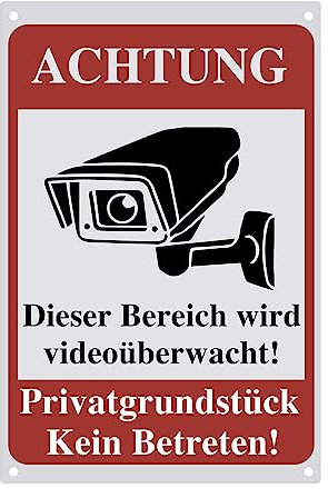 Warning, 24h Video Surveillance - Private Property No Trespassing! Videoüberwachungsschild, 20x30cm Schilder, rostfreies Aluminium (DE weiss 2328)