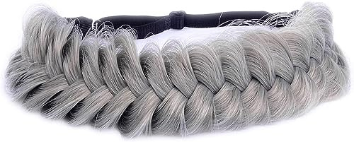 BOBIYA Messy Wide 2 Stränge Synthetisches Haar Auburn Geflochtenes Stirnband Klassisches Chunky Geflochtenes Stirnband Elastisches Stretch Geflochtenes Haarband (Stahl grau)