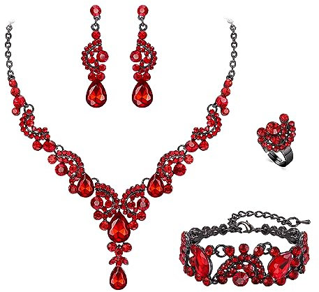 EVER FAITH 4 Stück Schmucksets für Damen Party Hochzeit Braut Strass Kristall floralen Welle Teardrop Halskette baumeln Ohrringe Armband Ring Set Rot Schwarz-Ton