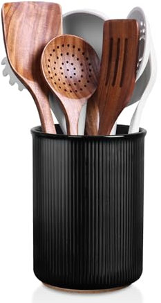 LoeJan 3 Compartment Utensil Holder, Extra Large Crock, Stable Ceramic Organizer, Cooking Tool Set for Kitchen Counter Farmhouse Decor (G-6.7 Black)