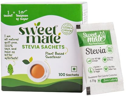 Sweetmate Stevia Sachets - 100 Units (100 Servings) | 100% Natural Sugar Free | Diabetic Friendly, Plant-Based Natural Sweetener Powder, Zero Calories | Vegan & Keto Friendly
