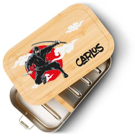 GRAVURZEILE Brotdose aus Weißblech mit bedrucktem Bambusholzdeckel - Lunchbox mit Ninja Motiv - Personalisiert mit Name - Geschenk für Kinder zum Schulanfang - Größe: Groß