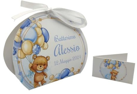 PV Grafik® 24+24 Bomboniere Portaconfetti Battesimo Bimbo Personalizzate – Scatoline con Orsetto e Palloncini Blu/Oro – Bigliettini Coordinati e Nastrino (Tunna59)