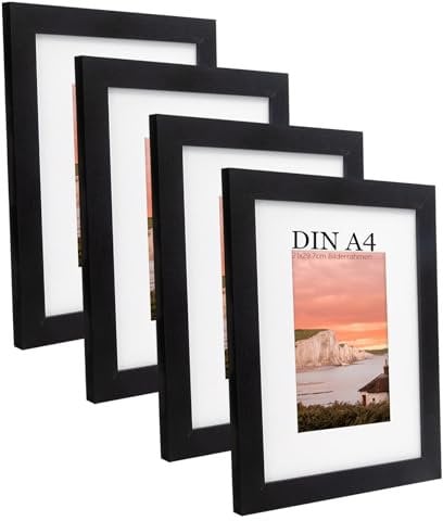 UHOUSEST Bilderrahmen A4 Schwarzer, 21x29,7cm Bilderrahmen mit Passepartout, A4 Rahmen mit Passepartout für Wandmontage vertikal oder horizontal, Schwarzer A4 Bilderrahmen mit Plastikglas(4er-Set)