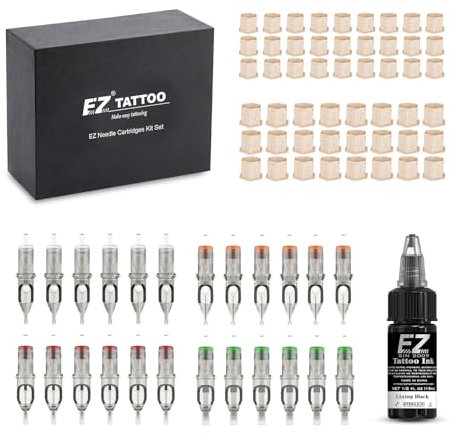 EZ Tattoo Cartridge Nadeln Set - 100 Stück #10 Gemischt (3RL 5RL 7RL 9RL 7M1 9M1 7RM 9RM) & #12 (7RS 9RS) mit 30ml Schwarzer Tattootinte und 60 Stück Tintenbecher
