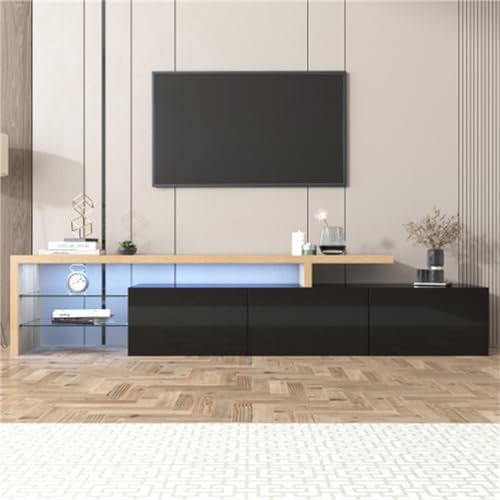 Mobile TV Con 3 Ante E Ripiani Aperti Mobile TV Basso Aspetto Legno Ripiani In Vetro Mobile TV Credenza Con Illuminazione A LED Supporto TV Per Soggiorno Sala Da Pranzo Mobile TV Schwarz