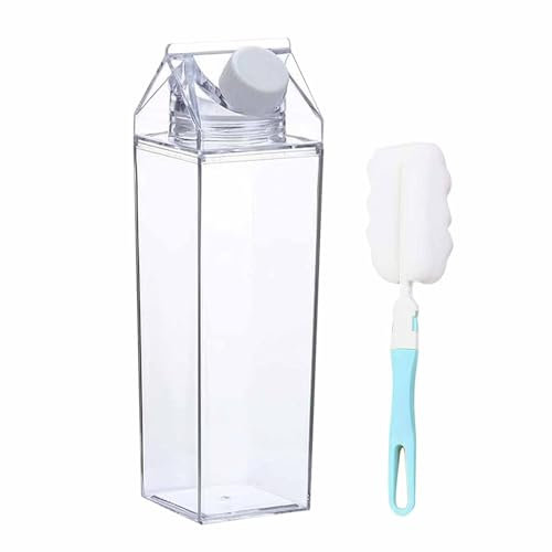 QISF 1 Pack Milk Carton Water Bottle 1000ml, Clear Square Milk Bottles, Portable Juice Bottles, Reusable Leakproof Clear Water Bottles with Brushes, for Camping Activities Outdoor Sports Travel