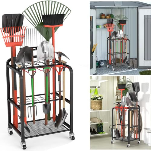 Trieez Garden Tool Organizer for Garage, Yard Tool Organizer with Wheels for Garage Organization and Storage - Sturdy Yard Tool Holder Tool Rack, for Shed, Outdoor, Tool Stand
