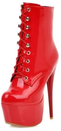 WILDKATZEN Schnürstiefeletten für Damen Plateau Stiefeletten Sexy Stilettos Ankle Boots Lack Rot 42 EU
