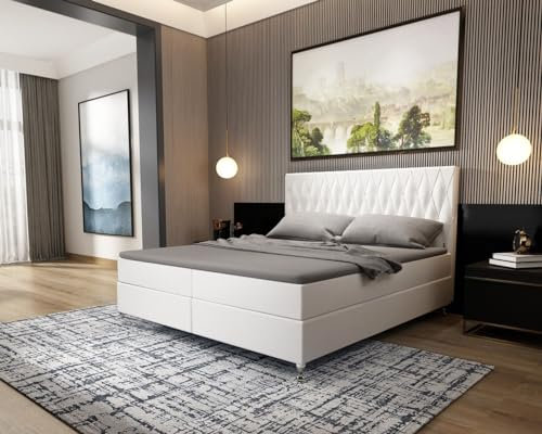 Sofa Dreams Leder Boxspringbett Lederbett Vanaveral Komplettbett mit Matratze und Topper - Bett in Premium Kunstleder (Weiss, 180x200 cm)