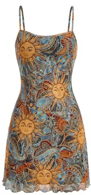 Milumia Women's Summer Mini Dress Vintage 90s Spaghetti Strap A Line Mesh Short Dresses Sun Dress Allover Sun Print Multicolor Medium