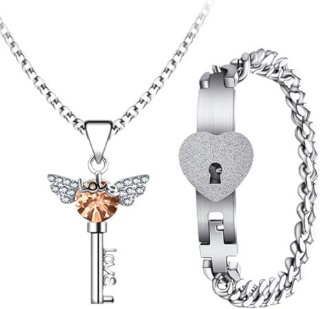 Flongo Collana Bracciale Chiave da Coppia: Set Collana Bracciale con Zircone da Uomo Donna Fidanzati Idee Regalo per lui lei