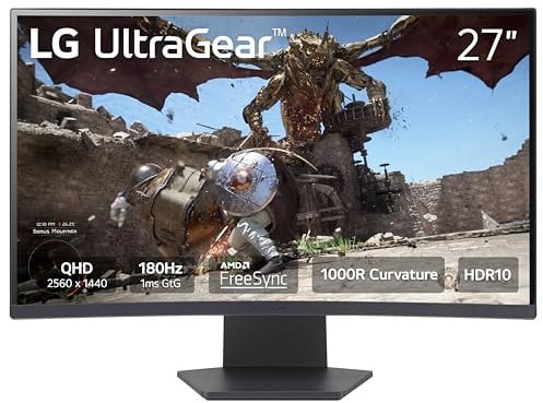 LG 27GS60QC-B Ultragear 27-inch Curved Gaming Monitor QHD (2560x1440) 180Hz 1ms 1000R AMD FreeSync HDR10 HDMIx2 DisplayPort Borderless Design Black Stabilizer DAS Crosshair FPS Counter - Black