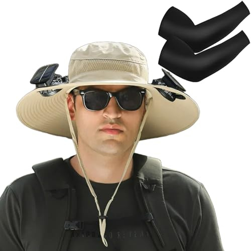 Outdoor Wide Brim Sun Hat with Solar Fan, 2024 New Solar Fan Hat, Hat with Solar Fan for Outdoor Fishing Summer Camping Beach (Fan*2, Khaki)