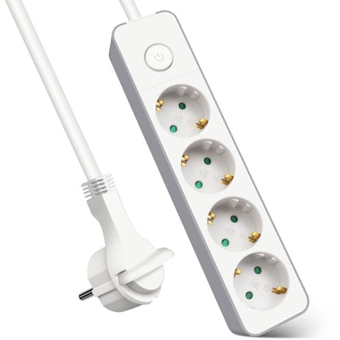 EXTRASTAR Flachstecker Mehrfachsteckdose 4-Fach, Steckdosenleiste Flacher Stecker mit Druckknopfschalter, 3m Kabel für Büro und Zuhause, Weiß + Grau