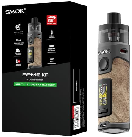 SMOK RPM 5 Kit Transparenz Verifiziert Pod Mod Vape Kit 2000mAh 5W bis 80W Leistung Einstellbarer Luftstrom 6.5ml Pod Top-Fill Typ-C Laden Kompatibel mit RPM 3 Coils Ohne Nikotin (Brown Leather)