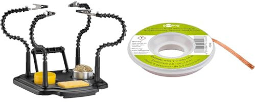 Goobay 61669 Mains d'aide à souder avec 4 bras flexibles à col de cygne et pinces à crocodile & 45246 Tresse à dessouder 2mm / cuivre pur Fil à dessouder pour enlever l'étain de soudure