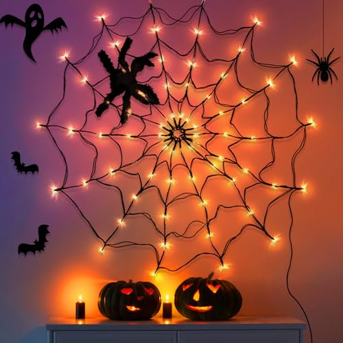CNMTCCO Luci a ragnatela di Halloween con ragno di peluche, decorazioni spettrali per interni, per feste di bambini, decorazione per finestre (100 cm)