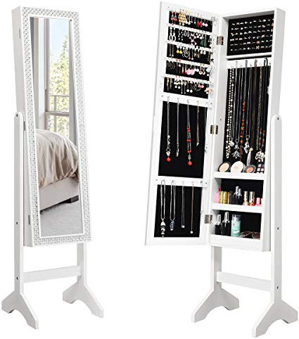 RELAX4LIFE Freestanding Jewellery Cabinet, 2-in-1 Mirrored Jewelry Armoire with Full-Length Mirror, Resin Diamonds Jewellery Organizer Makeup Cosmetic Storage Unit for Bedroom Dressing Room