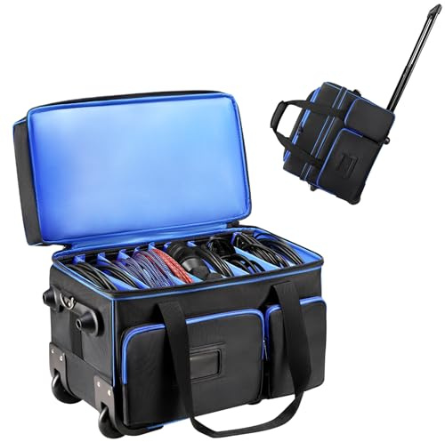 Cxinesbag DJ Cable Organizer Bag with Wheels, Gig Bag for DJ Equipment with 9 Detachable Dividers, Padded Multi-Pocket Storage Case for Microphone, Cord, Headset & Music Accessories