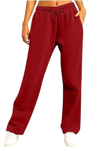 Pantalon de jogging à jambe droite avec taille élastique et cordon de serrage pour femme - Couleur unie - Style décontracté - Avec poches - Coupe ample - Pour sports de plein air, #01 Rouge, L