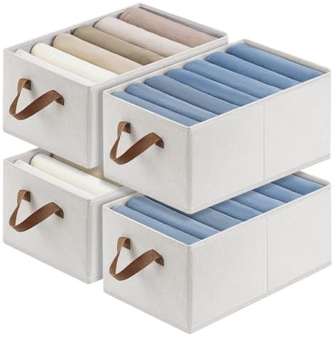 DIMJ Kleiderschrank Organizer Aufbewahrungsboxen Stoff - Faltbare Boxen Aufbewahrung groß 45x28x20cm 4er Set für Kisten Kleiderschrank Kleiderboxen, Weihnachtskugeln Aufbewahrung, Hellbeige