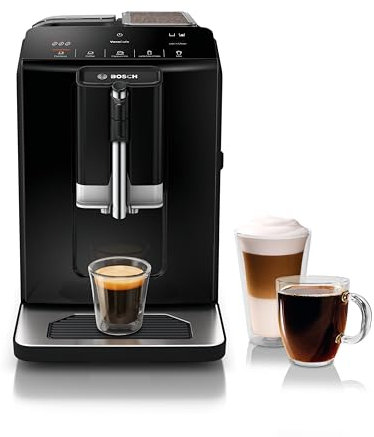 Bosch TIU20109 Serie 300 Máquina espresso totalmente automática con Milk Express (espumador en taza), bebidas a base de leche OneTouch y 5 opciones de bebidas, color negro