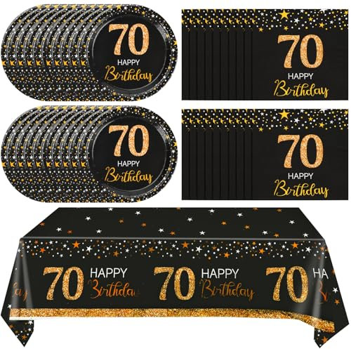 41PCS 70th Birthday Party Decorations, Black Gold Vintage 70th Tableware Set Paper Plate Napkin and Tablecloth, Back to 1955 Aged 70 Table Party Supplies, 70 Year Old Birthday Decor for Women Men