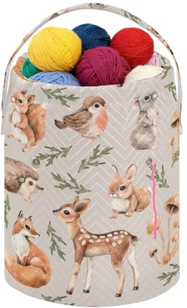 Fustylead Eichhörnchen Maus Rehkitz Fuchs Hase Igel Stricken Häkeln Tasche Tragbar Große Garnaufbewahrung Kordelzug Korb Organizer für Häkelhaken, Projekt, Aufbewahrung von Knäuel Ball, kurze