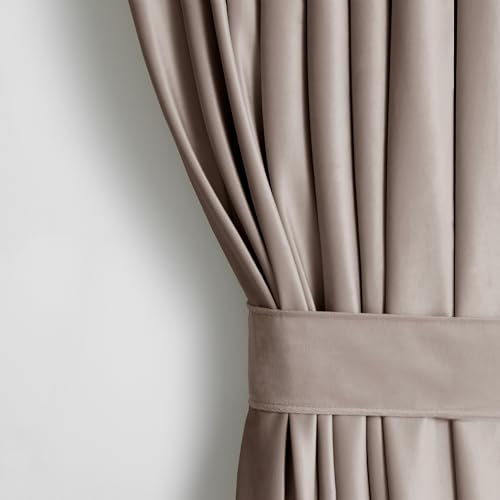 AmeliaHome Set Vorhang H 245 x B 140 cm mit Raffhalter 54 x 10 cm Velvet Optik Dunkelbeige 1 St. Kräuselband Wellenband Samt Halbverdunkelungsvorhang Fensterdekoration Dekoschal Dekorvorhang