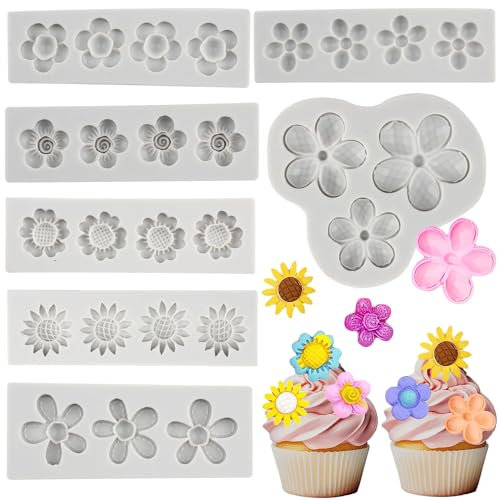 MYPRACS Daisy Flower Silicone Moulds Sunflower Silicone Moulds Small Flower Shapes Fondant Cake Chocolate Moulds for Cake Decorating Cupcake Topper Candy Polymer Clay Gum Paste Set of 7