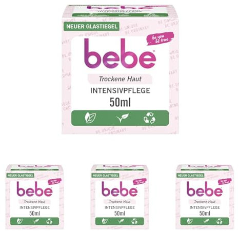 bebe Intensivpflege (50 ml), reichhaltige Gesichtscreme für trockene Haut mit Avocadoöl und Sheabutter, intensiv pflegende Feuchtigkeitscreme für 24h Feuchtigkeit, vegan* (Packung mit 4)