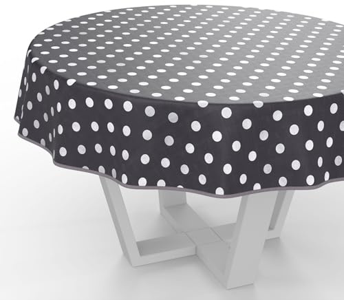 ANRO Wachstuchtischdecke Wachstischdecke Wachstuch Tischdecke abwaschbar Gartentischdecke Wasserabweisend Rund 140cm mit Saum (Eingefasst) Punkte Grau