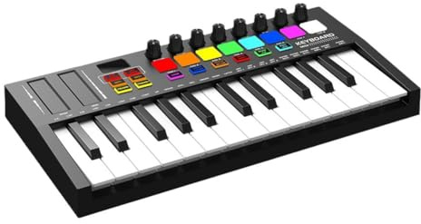 Joselin Mini Portable MIDI Control Keyboard, USB, Sequencer Keyboard, Backlit Drum Pads, 8 Knobs, OLED, 25-Key Controller