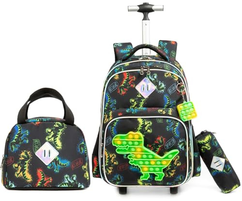 Egchescebo Mochilas Escolares con Ruedas Carro Niña Dinosaurio de POP Mochila de Juguete Carrito para Escolar Bolso de Viaje Estuche Stitch Mujer Maleta Colegio Niñas 17 Bolsillo Multifuncional Verde