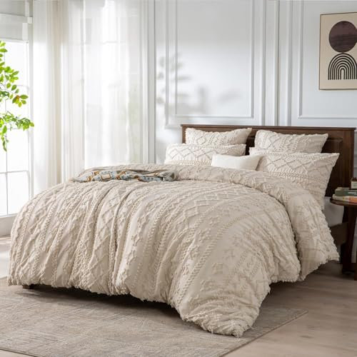 Luofanfei Boho Beige Bettwäsche 135x200 Getuftet Bohemian Wendebettwäsche Set Microfaser Stickerei Geometrisches Muster Bettbezug und Kissenbezug 80x80cm mit Reißverschluss