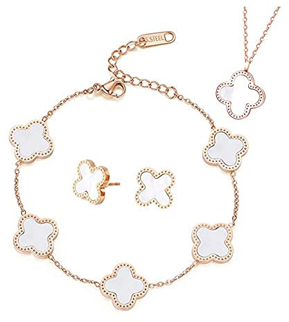 TOFBS Vierblättriges Kleeblatt Schmuckset für Damen und Mädchen 18K Roségold Plattiert Edelstahl Zweiseitig Grün Schwarz Anhänger Halskette Ohrstecker Armband Emaille Schmuck Set (Weiß)