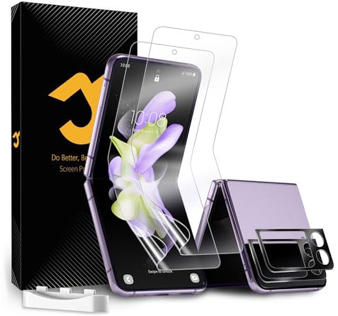 4 protectores de pantalla para Samsung Galaxy Z Flip 4, 2 películas flexibles EPU, 2 piezas de cristal templado para Z Flip 4 cámara, autocuración, compatible con ID de huellas dactilares, HD