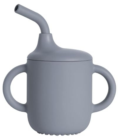 HTRTRR Tazza in silicone per bambini, 180 ml, per allenamento per bambini, con 2 manici per auto-alimentazione, a prova di perdite, lavabile in lavastoviglie (blu)