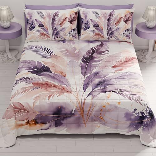 PETTI Artigiani Italiani - Copriletto Singolo Estivo 170x260cm 100 g/m² Double Face, Trapuntino Letto Singolo Primaverile, Trapunta Leggera, Palma Lilla, 100% Made in Italy