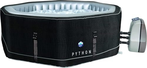 JUNG Python Design Whirlpool aufblasbar achteck, Krokodil-Optik, 5 Personen SPA Selbstaufblasend, beheizter Pool Outdoor & Indoor, Ø 185cm, 130 Wellness Luftdüsen