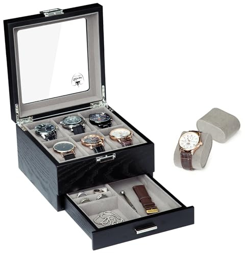 Slege Boîte à Montres en Bois,Fabriqué à Main,6 Emplacements avec Tiroir de Valet,Boîte à Montres pour Homme et Femme,Boîte de Rangement,avec Couvercle en Verre,Support de Montre,Watch Box Cadeau