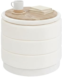 Bonlife Runde Ottomane mit Deckel, Klappbare Fußstütze mit Tisch, Fußstütze, Fußhocker für Wohnzimmer, Schlafzimmer, Flur, Creme Samt,39x39x37cm