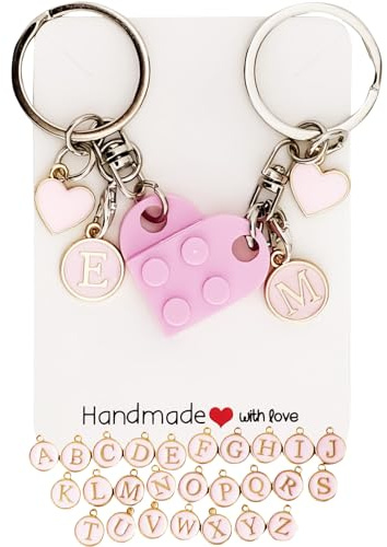 4Piggie Schlüsselanhänger Partner Herz, 2 Stück Personalisiertes Baustein-Set mit Extra-Anhänger & Full A-Z,Geschenk für Paare, Valentinstag und Freundschaft
