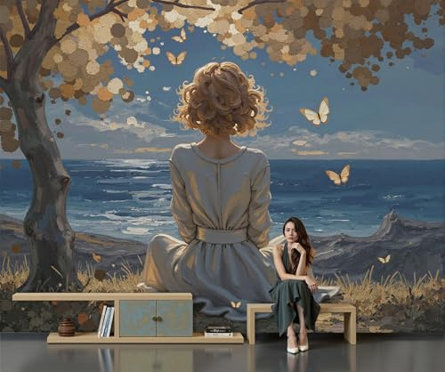 GSAEIMCT Papier Peint Soie Panoramique Fille D'Automne Peinture À L'Huile Onirique 200X140Cm Jaune Bleu Décoration Murale Tableaux Poster Muraux Chambre Enfant Salon Salle Cuisine Coucherr Motif