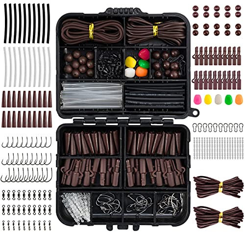 Dr.Fish 278pcs Carp Fishing Clip Rig Making Kit in Box Quick Change Swivel Links Shrink Tubes Boilie Stops Corn Terminal Tackles, Brown Brown